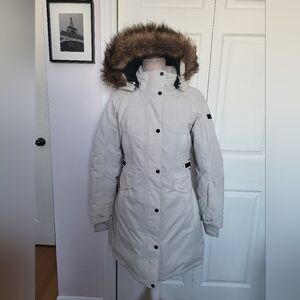 Women's Cream North Face Parka with Faux Fur Hood sz S